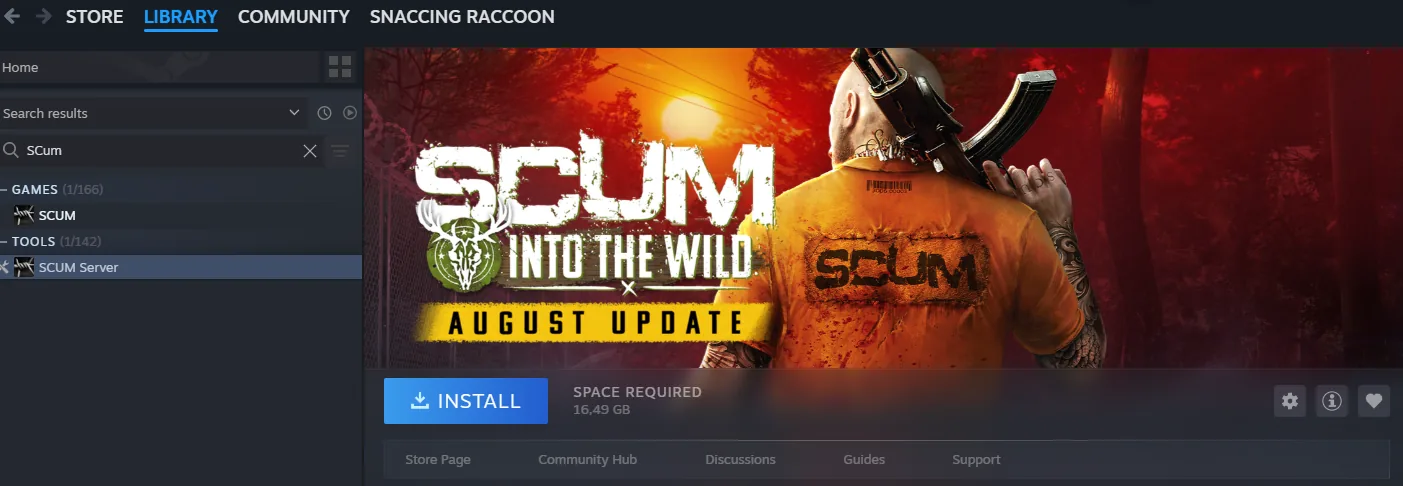 Steam's library with "SCUM" in the search box: SCUM under Games, SCUM Server under Tools, an Install button and "space required 16,49 GB"